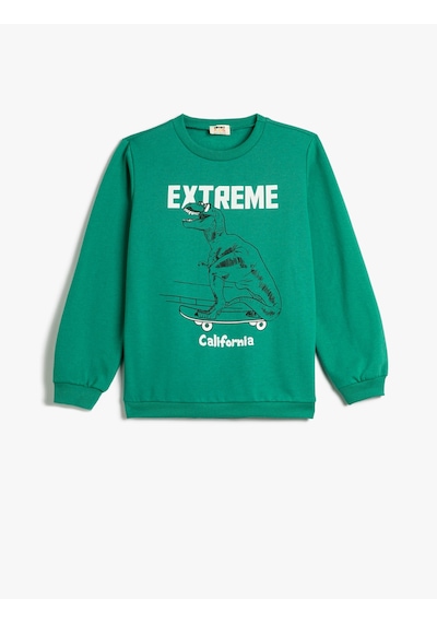 Koton Dinozorlu Sweatshirt Bisiklet Yaka Uzun Kollu Şardonlu Yeşil 4skb10005tk 4skb10005tk786 Yeşil