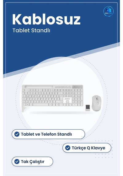 Mouse Klavye Seti Kablosuz Tablet Telefon Standlı Beyaz Q Düzen T Optik