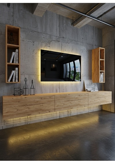 Resital Ledli Duvara Monte Tv Sehpası - Çam - W6007-6 Çam Resital Ledli Duvara Monte Tv Sehpası - Çam - W6007-6 Çam