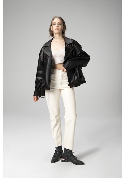 Dericlub Pamela Unisex Silme Oversize Biker Hakiki Deri Mont Siyah/taba Null Siyah