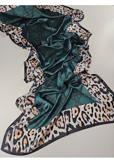 Miorel Scarfs Leopar Tema Cd Tema Vual İpek Şal Aksesuar Fular Silk Scarfs Shawl Hijab Yeşil