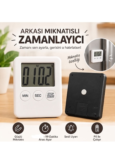 Dijital Mutfak, Çalışma Zamanlayıcısı Geri İleri Sayım 100 Dk Beyaz Mini Mıknatıslı Kronometre