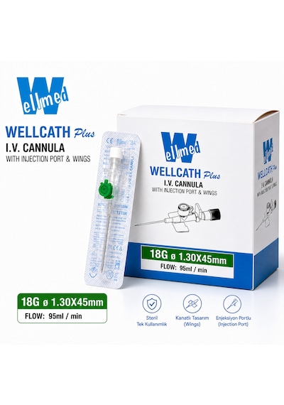 Wellmed Wellcatch Plus 18g Yeşil İ.v. Branül 1.30 45 Mm Portlu Kanatlı Steril 400 Adet