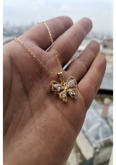 Ervanur Altın Kaplama Beyaz Zirkon Taşlı Kelebek Kolye Altın