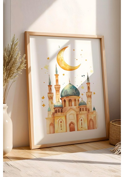 Pastel Sulu Boya Cami Ve Hilal Çerçeveli Tablo - Çocuk Odası Ramazan Hediyesi Eğitici Duvar Sanatı Kayın Pastel Sulu Boya Cami Ve Hilal Çerçeveli Tablo - Çocuk Odası Ramazan Hediyesi Eğitici Duvar Sanatı Kayın