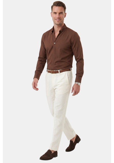 Deepsea Kahve Slim Fit Kolay Ütülenebilir Açık Dik Yaka Likralı Erkek Gömlek 2602615