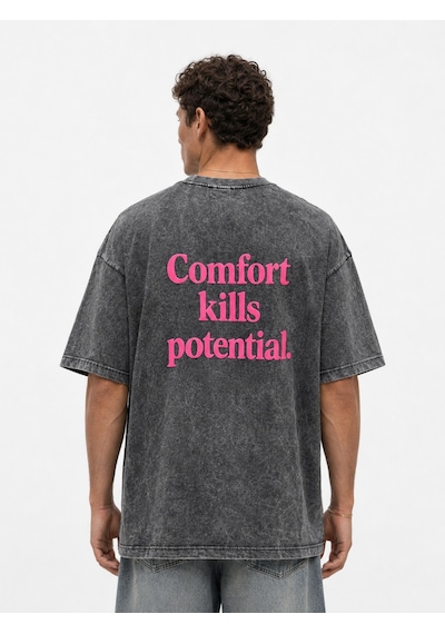 Respire Erkek Puf Baskılı Yıkamalı Oversize T-shirt Siyah