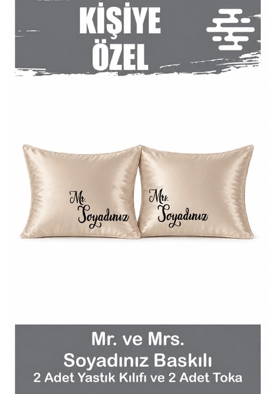 Kişiye Özel Baskılı Saten Yastık Kılıfı 2 Adet 50x70cm 2 Adet Hediye Saten Tokalı Bej