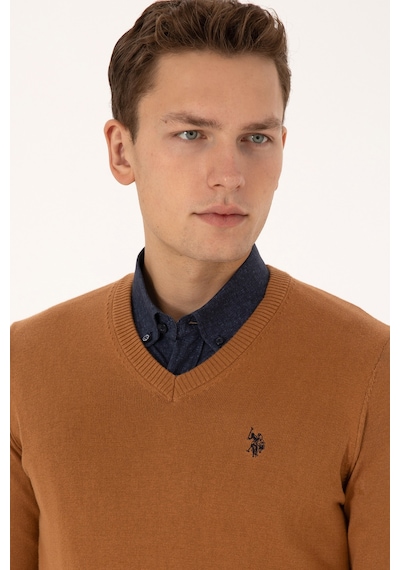 U.S. Polo Assn. Erkek Slim Fit V Yaka Camel Basic Triko Kazak 50313662-VR233