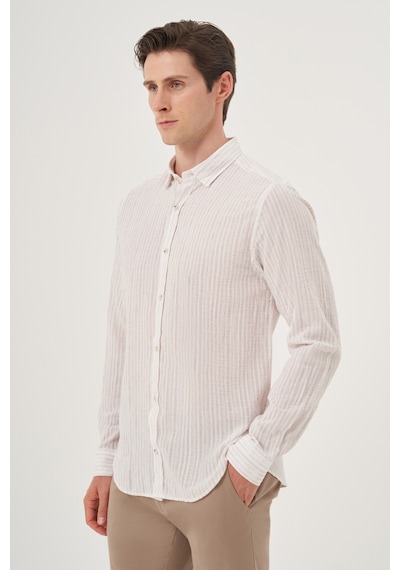 Morven Erkek Bej Keten Trend Dynamic Fit Britli Yaka Gömlek 25ys004022653 Bej Bej