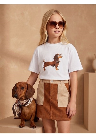 Zekids Kız Çocuk Köpek Baskılı Taş Detaylı Tasarım T-shirt-17187 Beyaz
