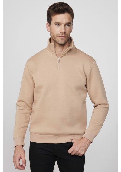 Tudors Pamuklu Dik Yaka Fermuarlı Taş Unisex Sweatshirt-29415-taş Taş