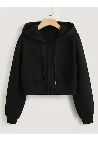 Siyah Kapüşonlu Crop Hırka Sweatshırt Siyah