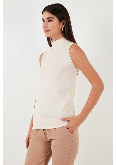 Lela Pamuklu Kolsuz Dik Yaka Bayan T Shirt 5865710 Taş