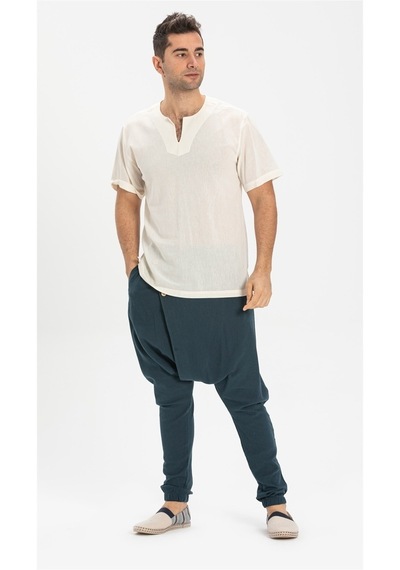 Eliş Şile Bezi Kısa Kol Şile Bezi Bisiklet Yaka Erkek Tshirt Krem 3002