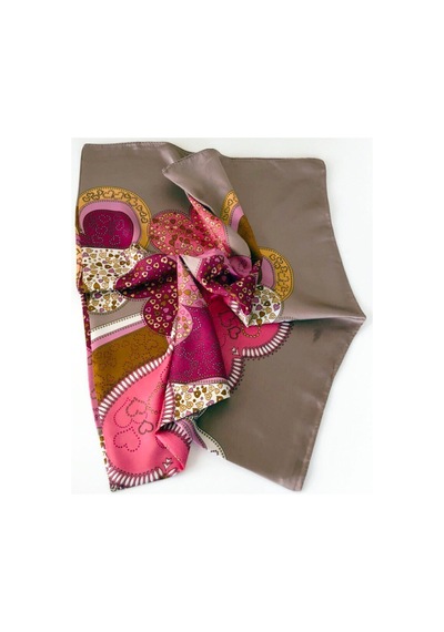 Tikitonki Kalp Desenli Kare Kesim Saten Bej Rengi Eşarp - 90x90 Karışık Karışık