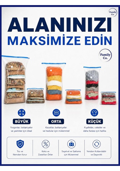 Family Co.3'lü Paket Ekstra Büyük Küp Vakumlu Hurç Saklama Şeffaf