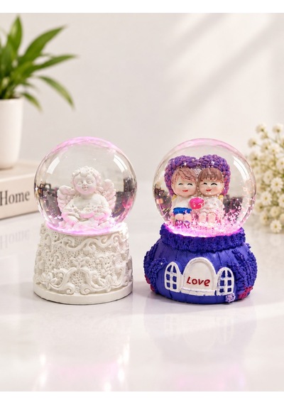 2' Li Set Işıklı Kar Küresi 6,5 Cm Dekoratif Melek Ve Sevgililer Kar Küresi Sevgiliye Eşe Hediye