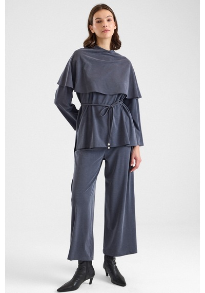 Olcay Şal Aksesuarlı Premium Kumaş Tunik Pantolon Füme 9470-tk