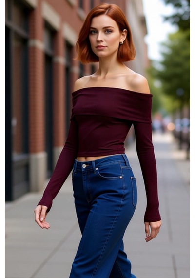 Ersefa Stil Kadın Kısa Esnek Bluz Crop Örme Slim Kalıp bordo