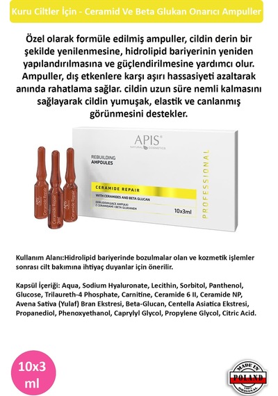 Apis Natural Kuru Ciltler İçin Ceramid & Beta Glukan Onarıcı Ampul Serum 10 x 3 ML