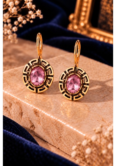 Pembe Zirkon Taşlı Grek Motifli Bakır Kadın Takı Seti Kolye Küpe Yüzük Bileklik Dörtlü Takım