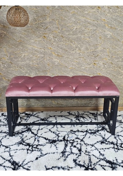 Zafir Siyah Boyalı İçi Kareli Diktörtgen 100 Cm X 40 Cm Oturak Puf - Bench - Makyaj Oturağı - Oturak Pembe