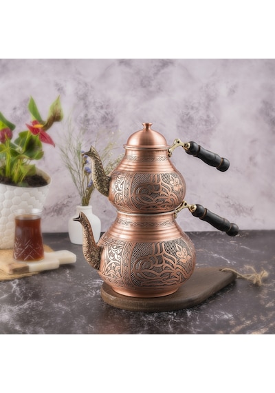 Dmt Copper Gaziantep Bakır Çaydanlık Takımı Ağır El İşlemeli Tuğra Modeli