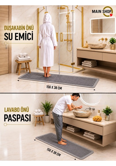 Mainshop 2 Adet Sihirli Su Emici Mutfak Paspası Banyo Paspası Kaymaz Tabanlı 156x38 Cm Yazısız M-61 Gri