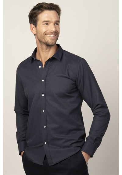Tudors 26538 Modern Fit Uzun Kol Armürlü Kravatlık Erkek Gömlek Lacivert
