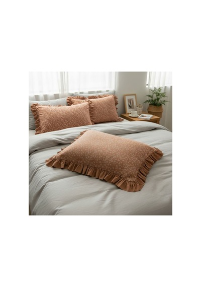 Fırfırlı Yastık Kılıfı 2 Li Set Tek Kişilik %100 Organik Pamuk 50x70 Cm 8 Farklı Desen Seçenekli Kiremit Düz Kenar