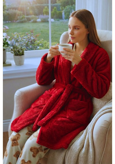 Şal Yaka Wellsoft Sabahlık & Peluş Bornoz-yumuşak, Polar Unisex Sabahlık-kırmızı Kırmızı/xl-xxl Gri