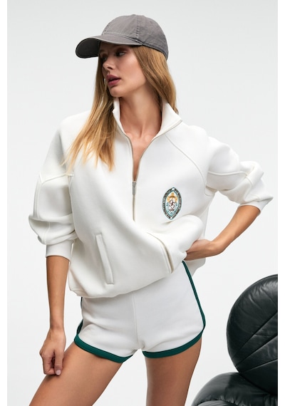 Grimelange TORMENTA Kadın Nakışlı Fermuarlı Dik Yaka Çift Cepli Reglan Kol Beyaz Sweatshirt