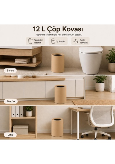 12 Litre Ofis Tipi Çöp Kovası, Kapaksız Silindir Çöp Kutusu, İç Kovalı Kolay Temizlenebilir Banyo Mutfak Ofis Çöp Kovası Latte