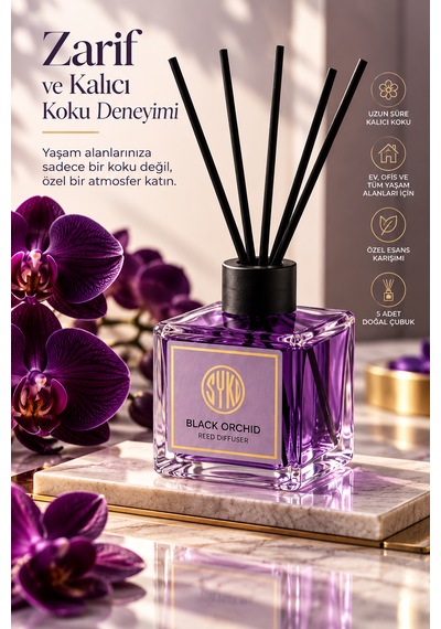 Premium Çubuklu Oda Kokusu 100 Ml Cam Şişe Reed Diffuser Siyah Orkide