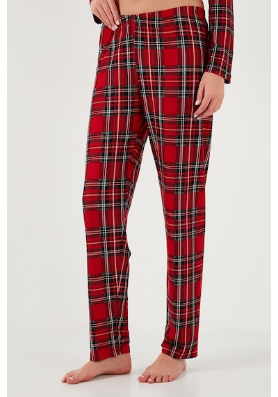 Lela Streç Regular Fit Apaş Yaka Beli Lastikli Bayan Pijama Takımı 65720501 Kırmızı-Yeşil