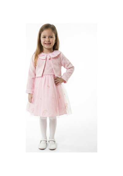 Xo Kids Bebe Yakalı Çiçek İşlemeli Tüllü Fiyonklu Kız Çocuk Elbise 3-8 Yaş 4423 Açık Pembe