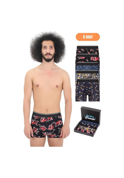 Andredimoda Erkek Pamuklu Likralı Boxer 5'li Premium Paket Çeyizlik Özel Dizayn Desenli Desenli