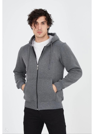 Erkek 3 İplik Pamuklu Kapüşonlu Tam Fermuarlı Cepli Hoodie Sweatshirt - Füme