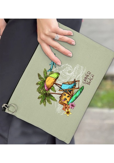 Bk Gift Yaz Temalı-9 Astarlı Mint Yeşili Portföy Çanta 30x21cm, Baskılı El Çantası, Organizer Çanta Yeşil