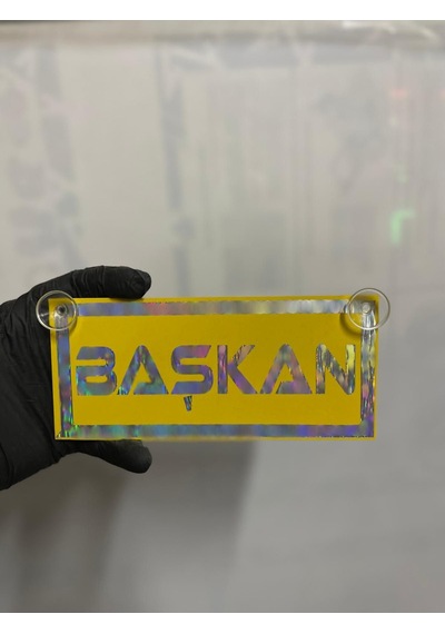 Sarı Renk Üzeri Hologram Renk Başkan Yazılı Vantuzlu Cam Süsü