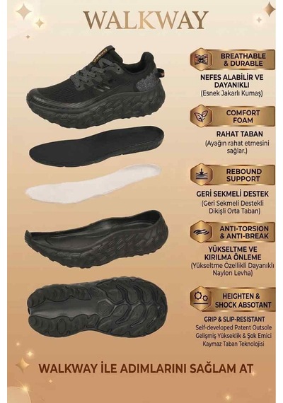 Walkway Siyah Fileli Hafif Esnek Hafızalı Taban Unisex Spor Ayakkabı Flystep G