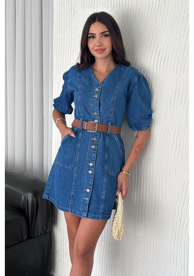 Noa & Noa Kadın Düğmeli Denim Elbise Deri Kemerli & Modern Kesim Mavi