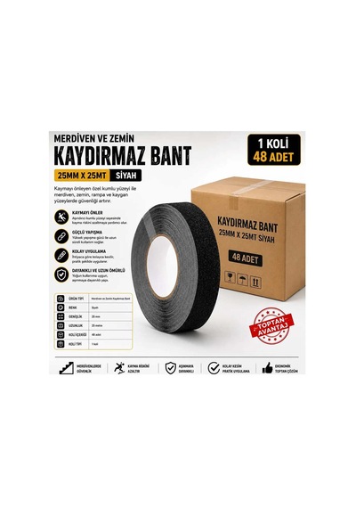 Merdiven Ve Zemin Kaydırmaz Bant 25 Mm X 25 Metre Siyah 48 Adet 1 Koli Bant Marketim