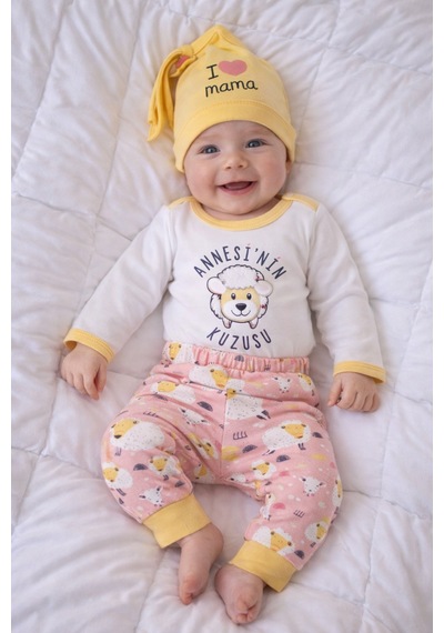 Babyhola Pamuk Annesinin Kuzusu Çıtçıtlı Badi Pantolon Bere 3'lü Takım 593-4 Pembe