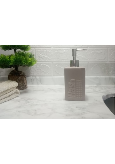 Seramik Sıvı Sabunluk Bej Modern 7x7x17cm 300ml Banyo Seti