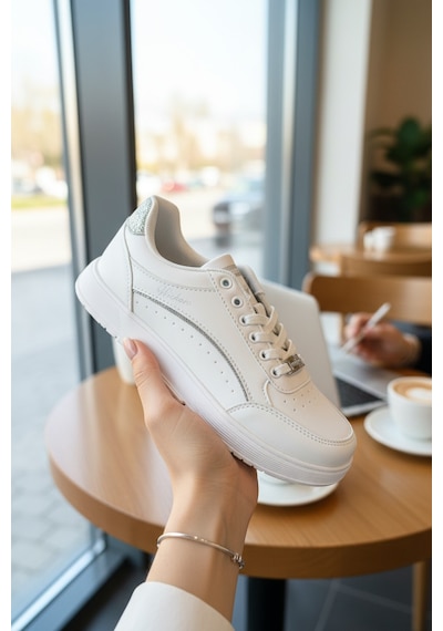 Enoch Kadın Düz Tabanlı Hafif Sneaker Rahat Günlük Spor Ayakkabısı Beyaz - Gümüş