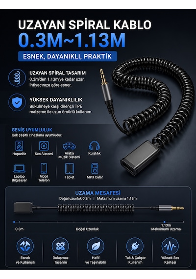 5.1 Aux Araç Kiti Bluetooth Çevirici Adaptör 3.5mm Jack Tak Çalıştır Kablosuz Müzik Alıcı 10m
