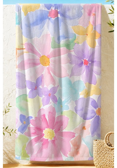 Çiçekli Pastel Renkli Mikrofiber Plaj Havlusu - Tropikal Sulu Boya Modern Hızlı Kuruyan Havlu Keten Defne