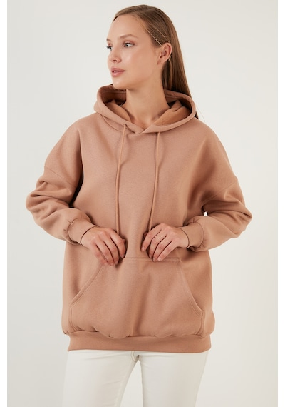 Lela Regular Fit Pamuklu Kapüşonlu Yaka Şardonlu Kışlık Bayan Sweat 5863854 Bisküvi